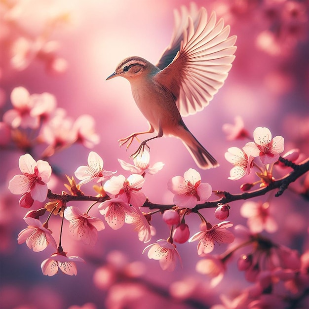 Un oiseau atterrissant sur une branche de cerise en fleur