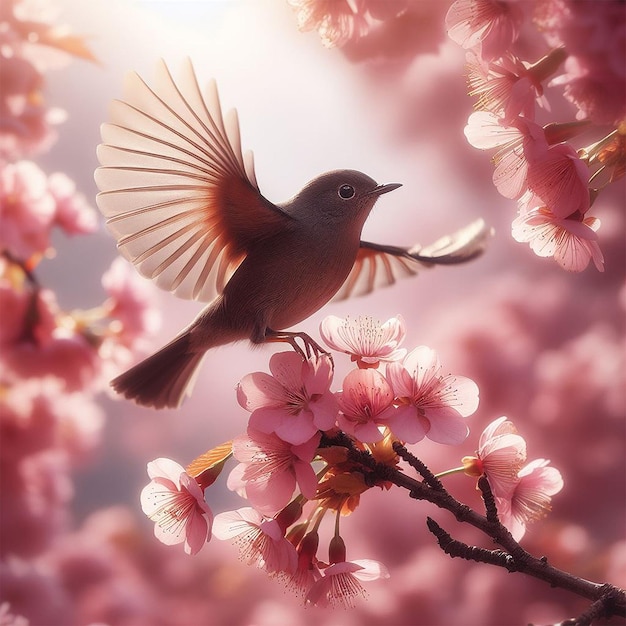 Un oiseau atterrissant sur une branche de cerise en fleur