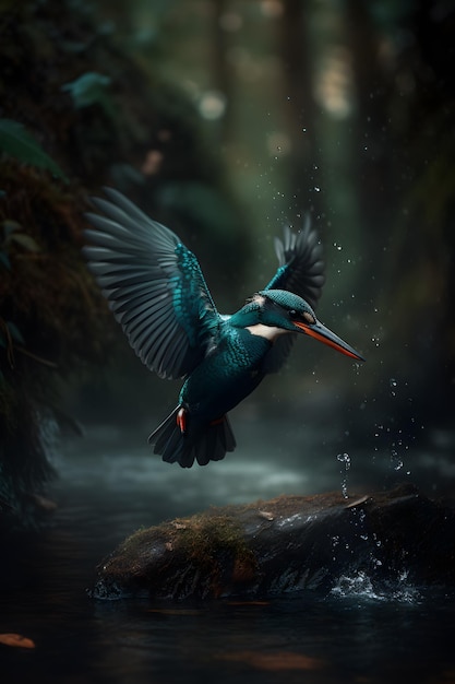 Un oiseau au bec bleu survole un ruisseau.
