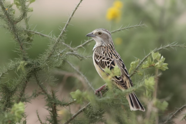 Un oiseau au bec jaune est assis sur une branche.