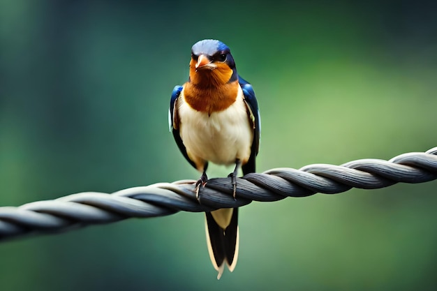 Un oiseau au corps bleu et blanc est assis sur un fil.