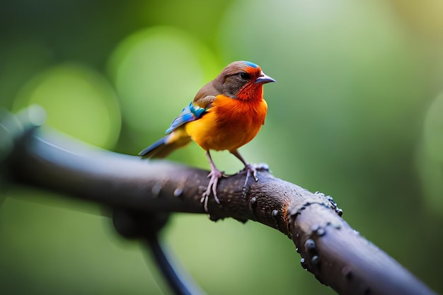 Un oiseau au corps bleu et orange est assis sur une branche.