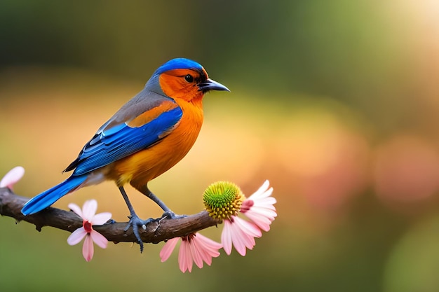 Un oiseau au corps bleu et orange est posé sur une fleur rose.