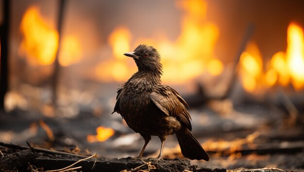 Un oiseau au milieu des conséquences d'un feu de forêt