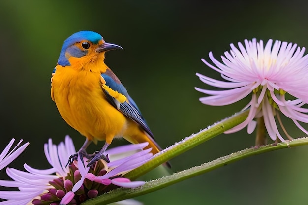 Un oiseau au ventre bleu est assis sur une fleur.