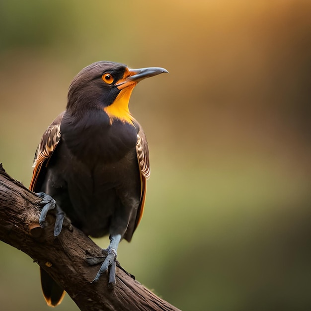 Un oiseau au visage jaune et noir est assis sur une branche.