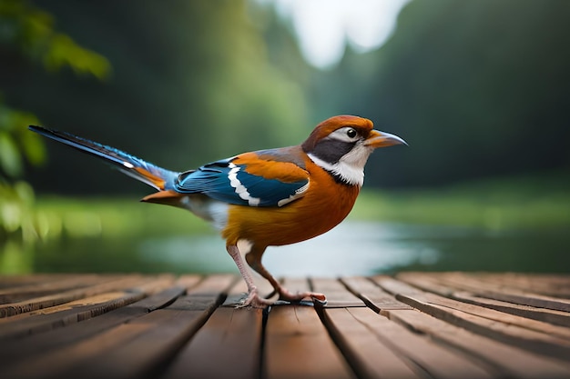 Un oiseau aux ailes bleues et orange se dresse sur une terrasse en bois.