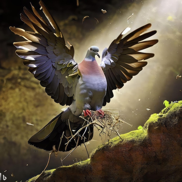 Un oiseau aux ailes déployées devant une peinture d'un arbre avec les mots " le mot " dessus. "