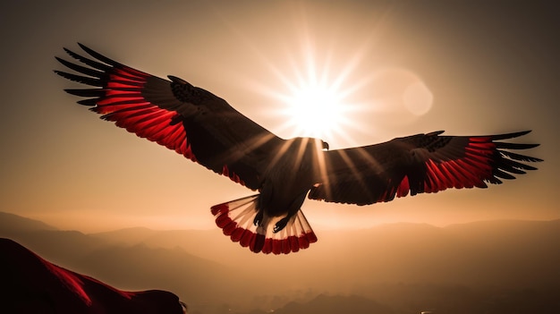 Un oiseau aux ailes rouges et noires vole dans le ciel avec le soleil qui brille dessus.