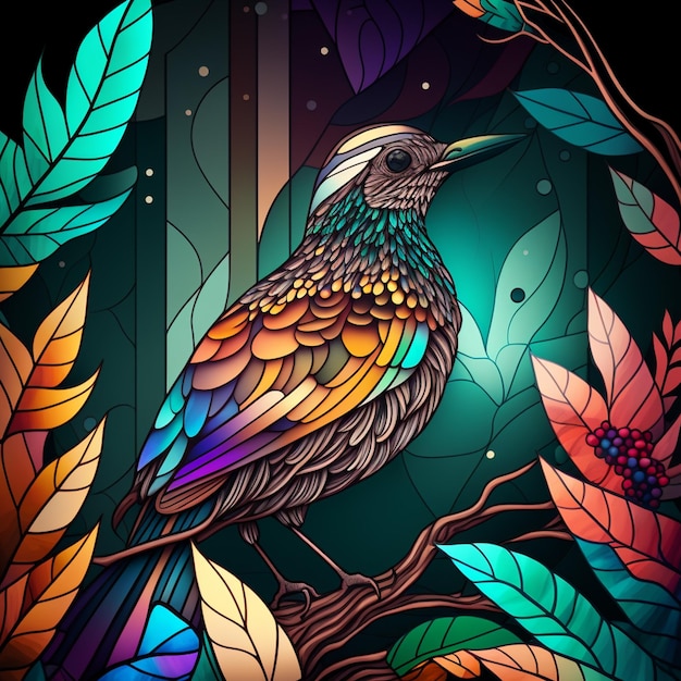 Oiseau aux couleurs vives assis sur une branche devant un vitrail ai générative