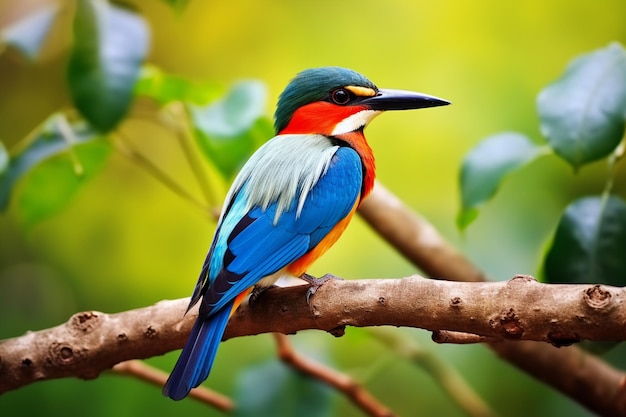 Un oiseau aux couleurs vives assis sur une branche avec un fond flou Ai Photo Midjourney