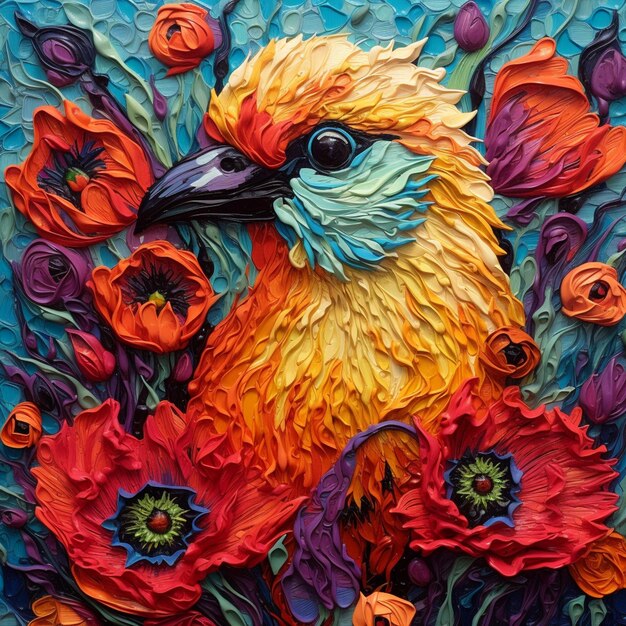 Oiseau aux couleurs vives avec des fleurs et des feuilles sur un fond bleu