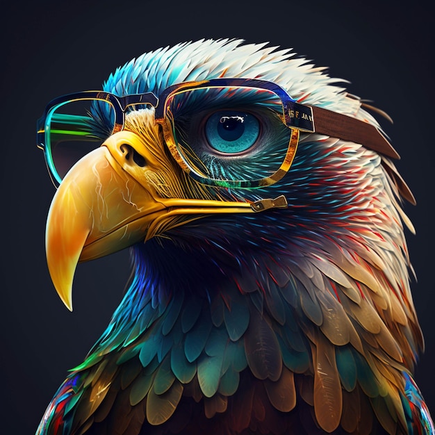 Oiseau aux couleurs vives avec des lunettes sur la tête et un fond noir ai génératif