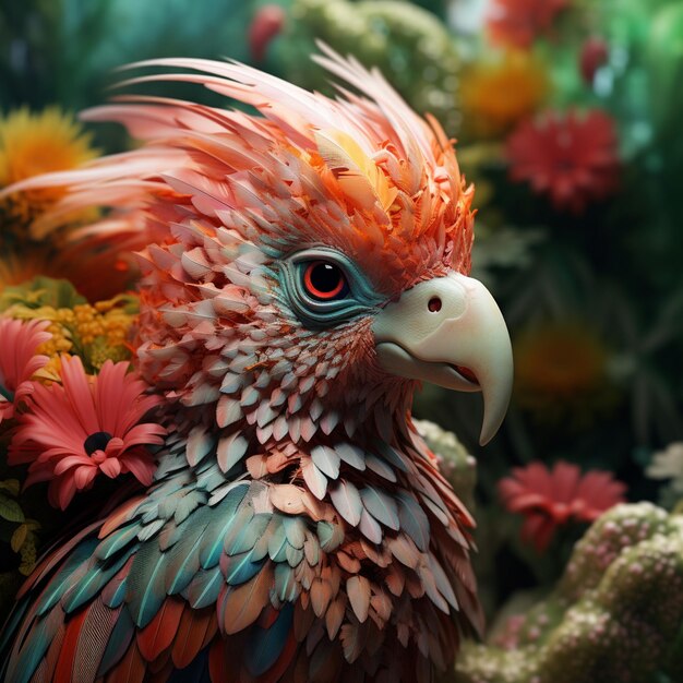 oiseau aux couleurs vives avec des plumes et des fleurs en arrière-plan ai générative