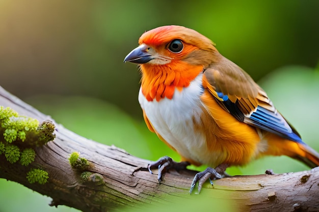 Un oiseau aux plumes orange et rouges est assis sur une branche.