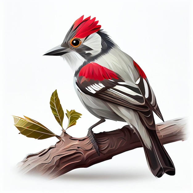 Un oiseau de bande dessinée avec des plumes rouges et blanches se reposant sur une branche sur un fond blanc