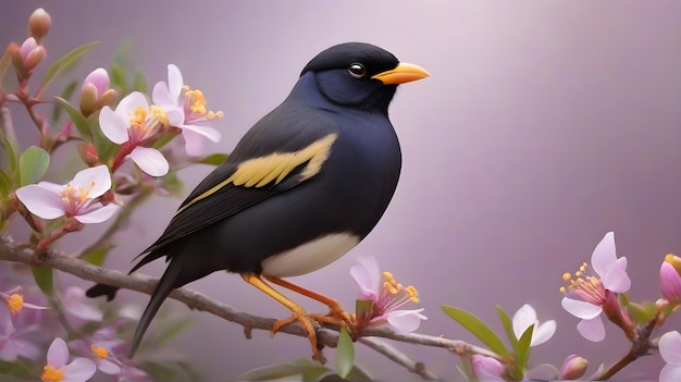 un oiseau avec un bec jaune et un bec orange est assis sur une branche avec des fleurs