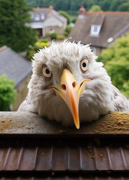 un oiseau avec un bec jaune regarde au-dessus d'une clôture