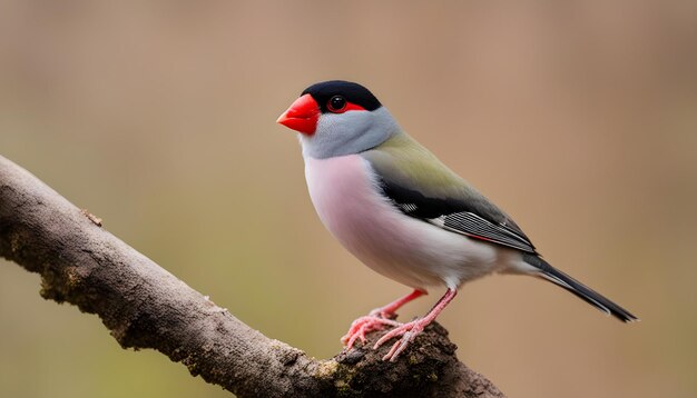 un oiseau avec un bec rouge et une bande noire sur la tête