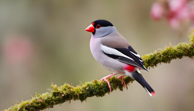 un oiseau avec un bec rouge et un bec rouge est assis sur une branche