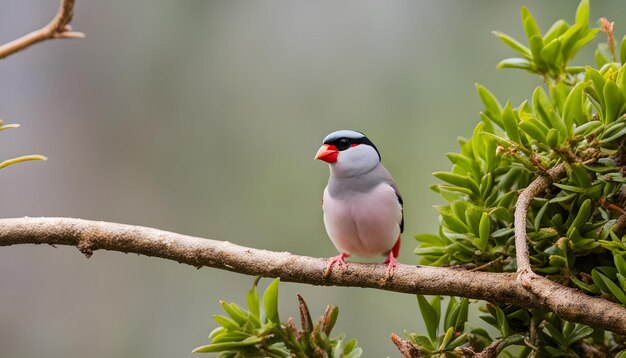 un oiseau avec un bec rouge est assis sur une branche