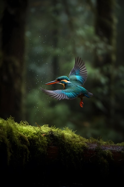 Un oiseau avec un bec vert et un bec bleu vole dans la forêt.