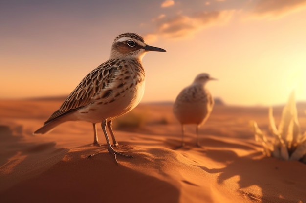Photo un oiseau bécasseau se dresse dans le désert avec un coucher de soleil en arrière-plan.