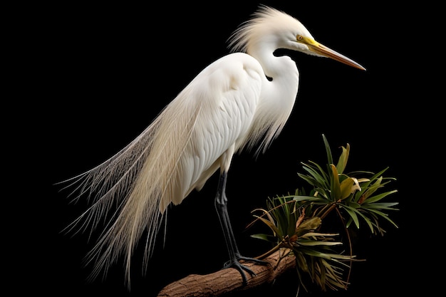 un oiseau blanc aux cheveux longs debout sur une branche