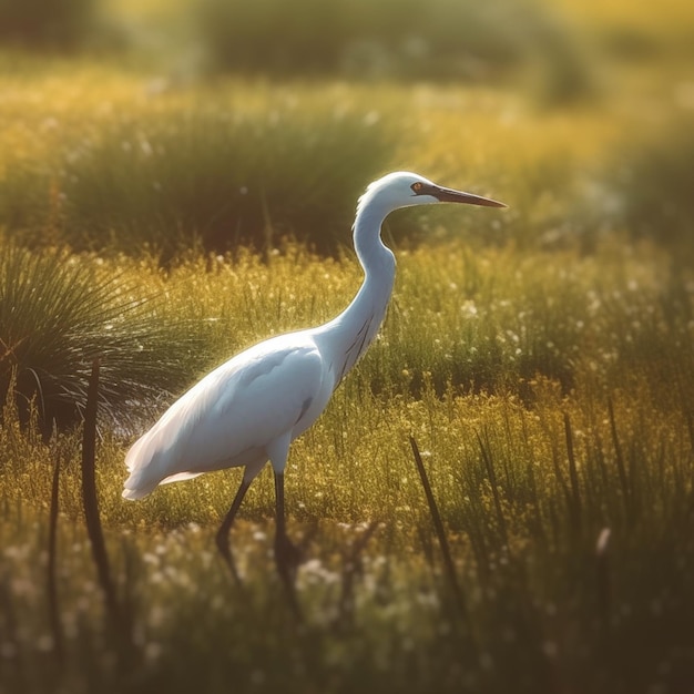 Un oiseau blanc avec un bec noir se dresse dans un champ d'herbe.