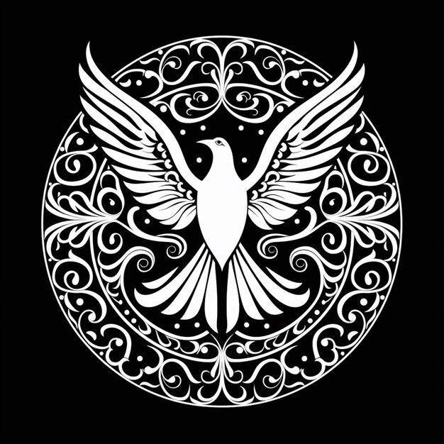 un oiseau blanc avec un fond noir et des tourbillons dans un cercle ai génératif