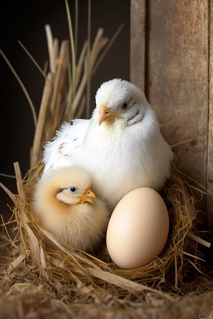 Un oiseau blanc et une poule dans un nid
