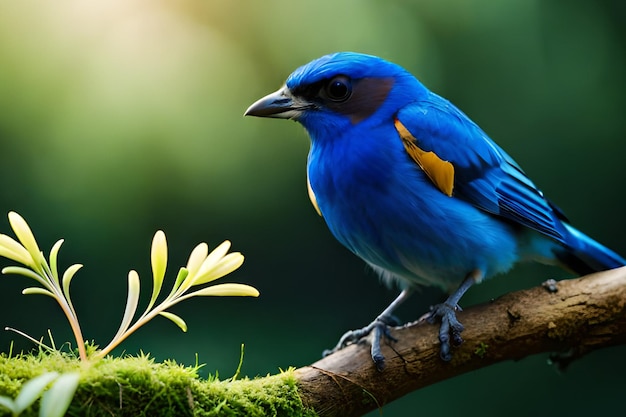 Un oiseau bleu aux plumes jaunes et bleues est assis sur une branche.