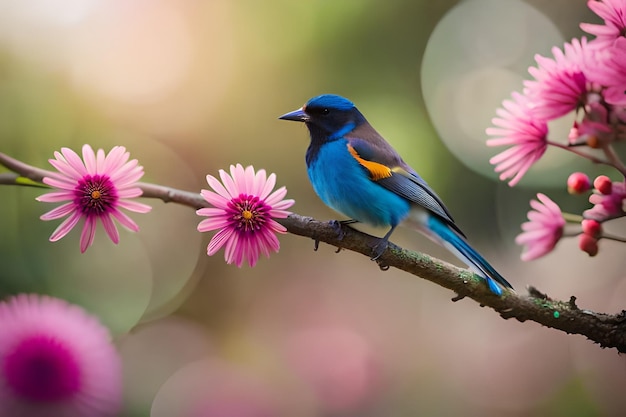 Un oiseau bleu aux plumes orange et jaune est assis sur une branche aux fleurs roses.