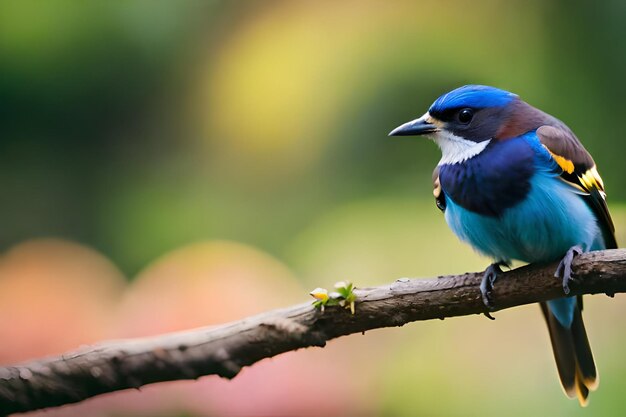 Un oiseau bleu avec un bec jaune est assis sur une branche.