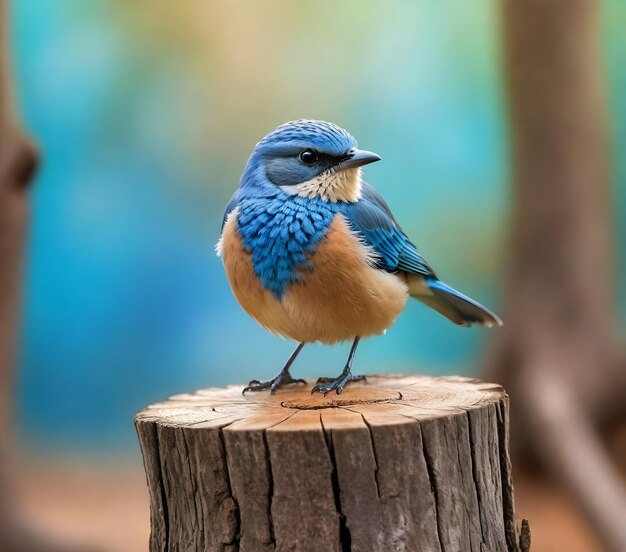 Un oiseau bleu et brun perché sur un souche d'arbre avec un fond doux
