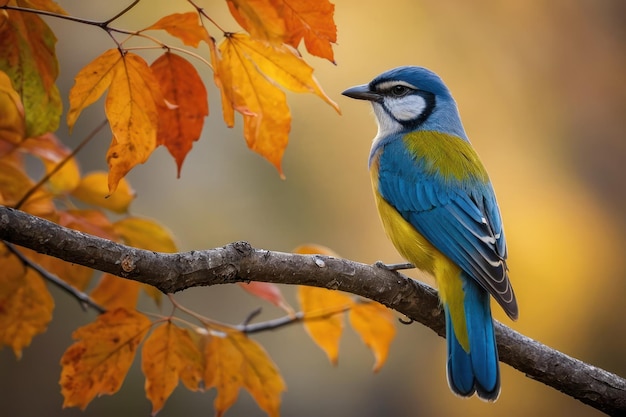 Un oiseau bleu coloré sur une branche d'automne