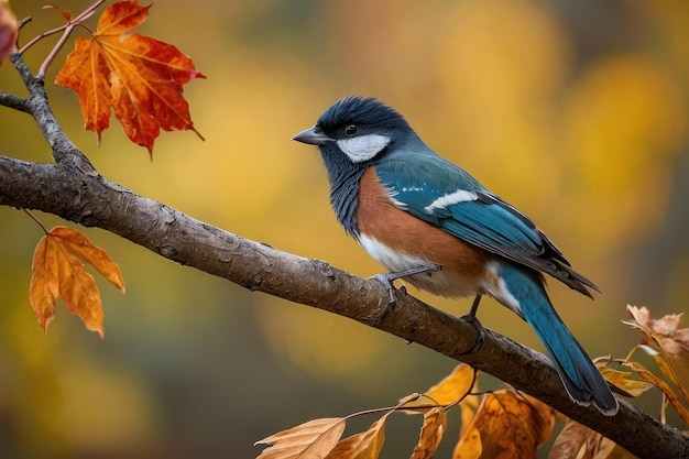 Un oiseau bleu coloré sur une branche d'automne