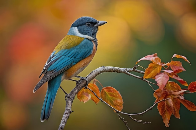 Un oiseau bleu coloré sur une branche d'automne