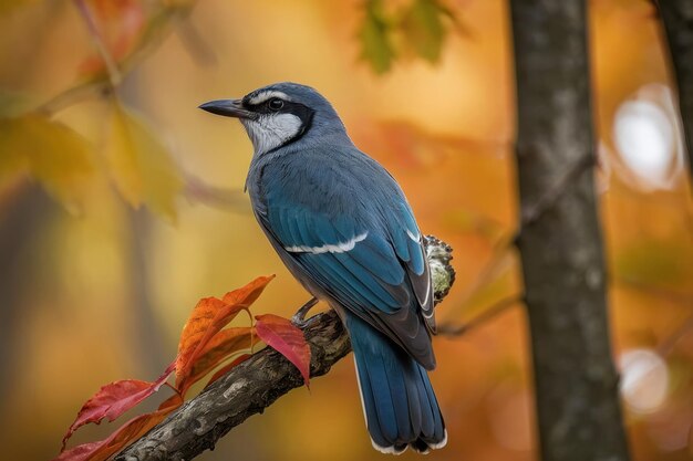 Un oiseau bleu coloré sur une branche d'automne