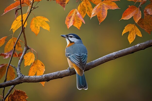 Un oiseau bleu coloré sur une branche d'automne