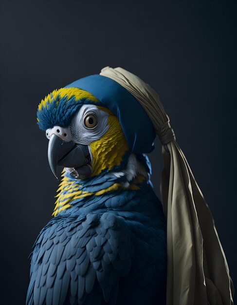 Un oiseau bleu avec une couverture bleue sur la tête qui dit " ara ".