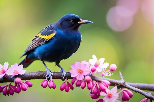 Un oiseau bleu avec du jaune sur la tête est assis sur une branche aux fleurs roses.