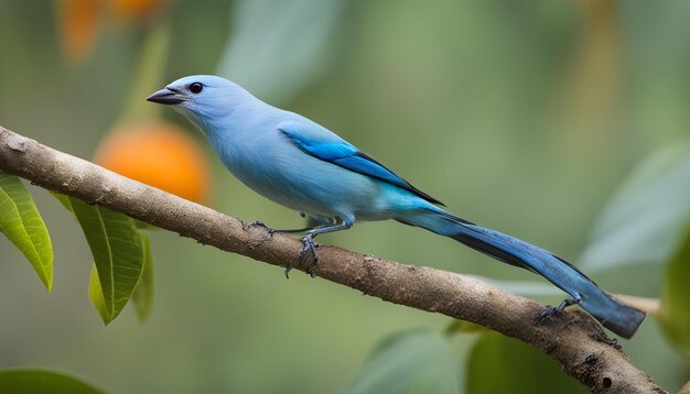 un oiseau bleu est perché sur une branche avec une orange en arrière-plan