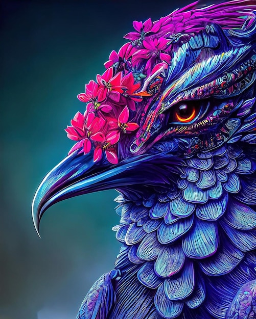 Un oiseau bleu avec une fleur violette sur la tête