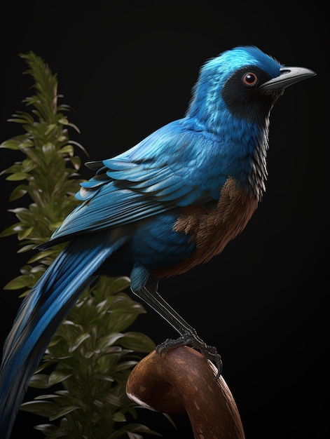 Un oiseau bleu avec un fond noir et une plante verte derrière.