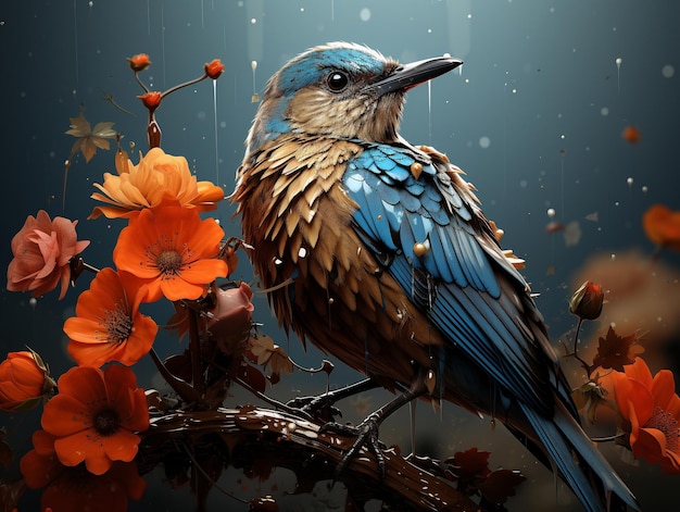 Oiseau bleu avec illustration de fleurs