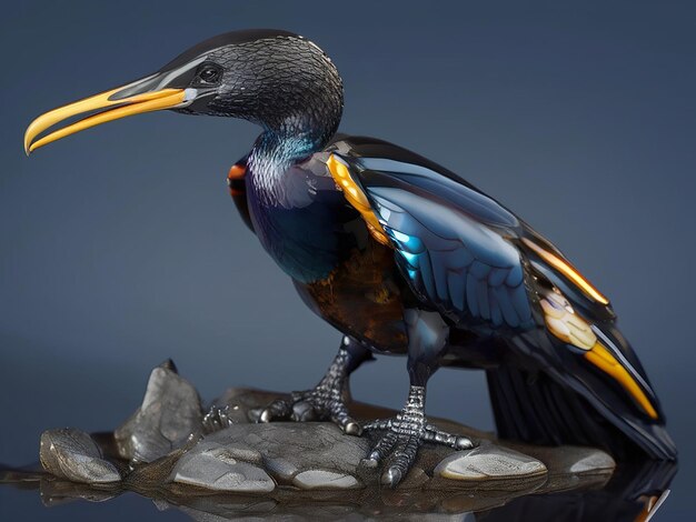 un oiseau bleu et jaune avec un bec jaune et un bec orange