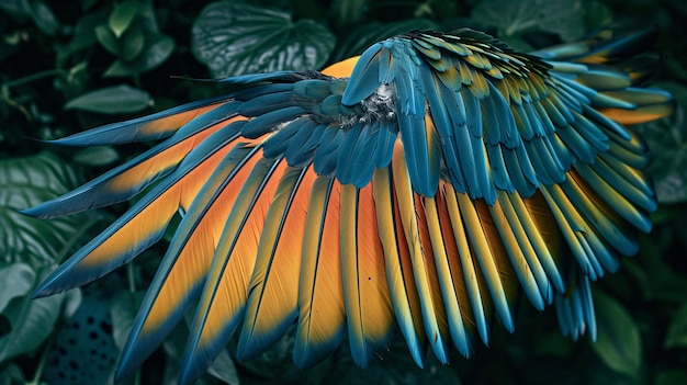 un oiseau bleu et jaune avec ses ailes déployées