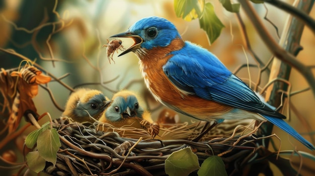 Photo un oiseau bleu joyeux apporte un bec plein d'insectes à son nid où les petits affamés attendent avec impatience leur repas.
