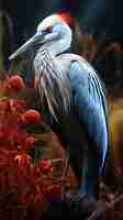 Photo un oiseau bleu avec de longues plumes se tient sur une plante rouge